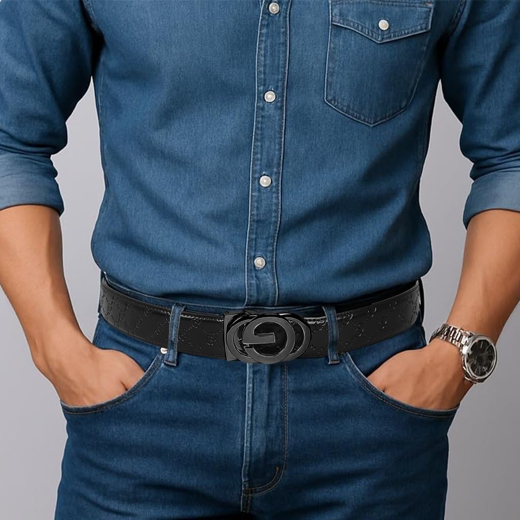 GUSTAVE Leather Belt for Men featuring Auto Lock Metal Buckle and 130cm Adjustable Fit | Formal and Casual Wear