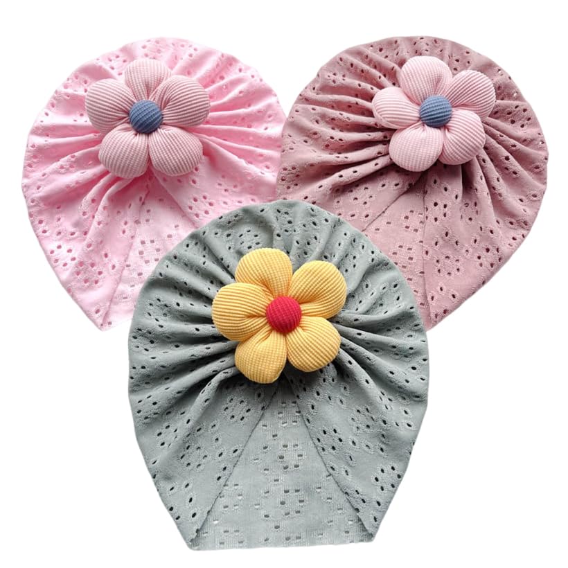 SNOWIE SOFT® 3Pcs Soft Baby Caps for Girl Lightweight Breathable Baby Hat Flower Charm Baby Beanie Caps, Cozy and Stretchable Newborn Turban Beanie Shower Gift for Girls 0-12 Months