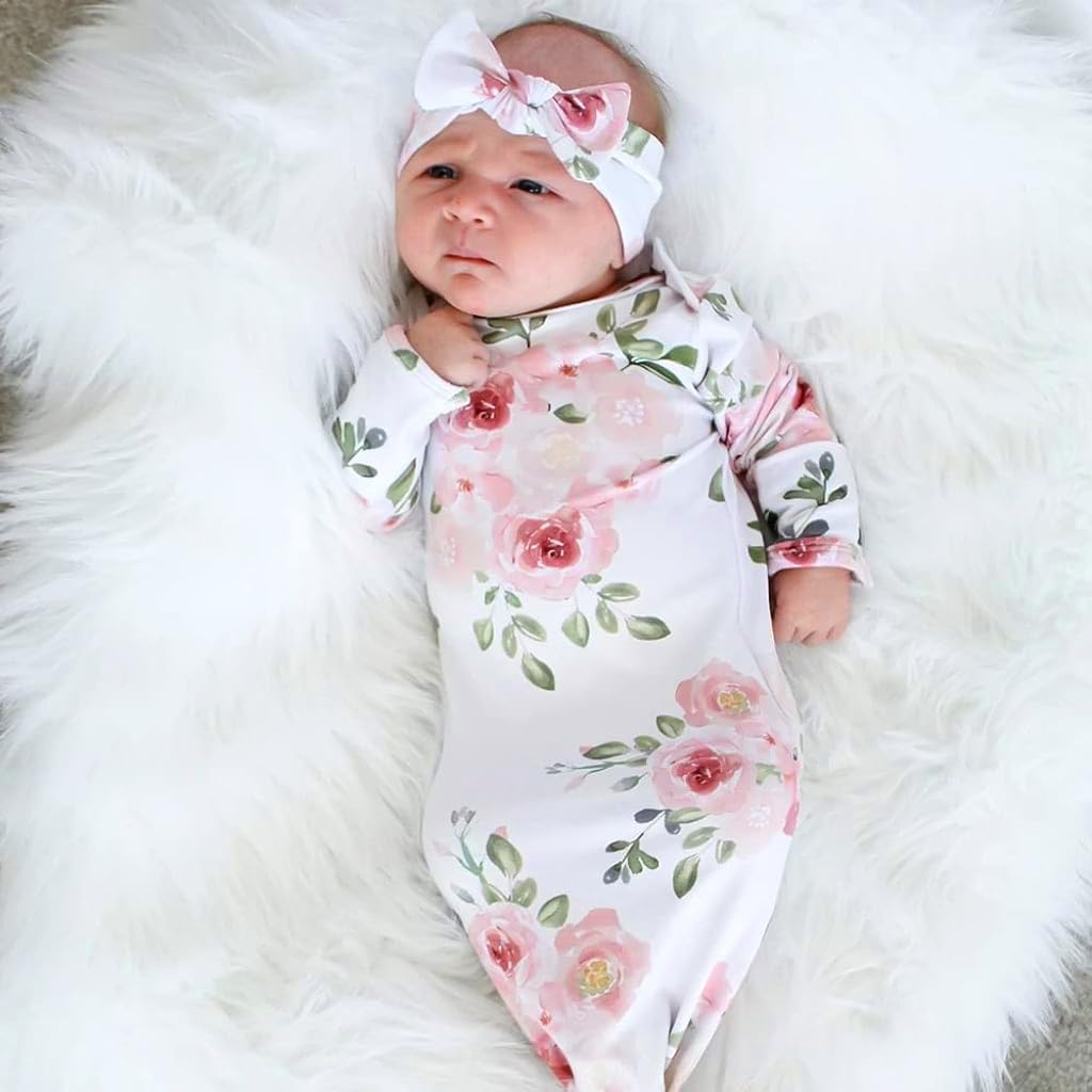 SNOWIE SOFT® Baby Girls Swaddle Knotted Infant Gown and Headband Set Cute Flower Print Infant Girls Swaddle Infant Girls Gown for 0-6 Months Soft Breathable Baby Girls Swaddle Shower Gift