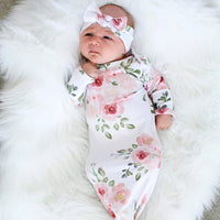 SNOWIE SOFT® Baby Girls Swaddle Knotted Infant Gown and Headband Set Cute Flower Print Infant Girls Swaddle Infant Girls Gown for 0-6 Months Soft Breathable Baby Girls Swaddle Shower Gift