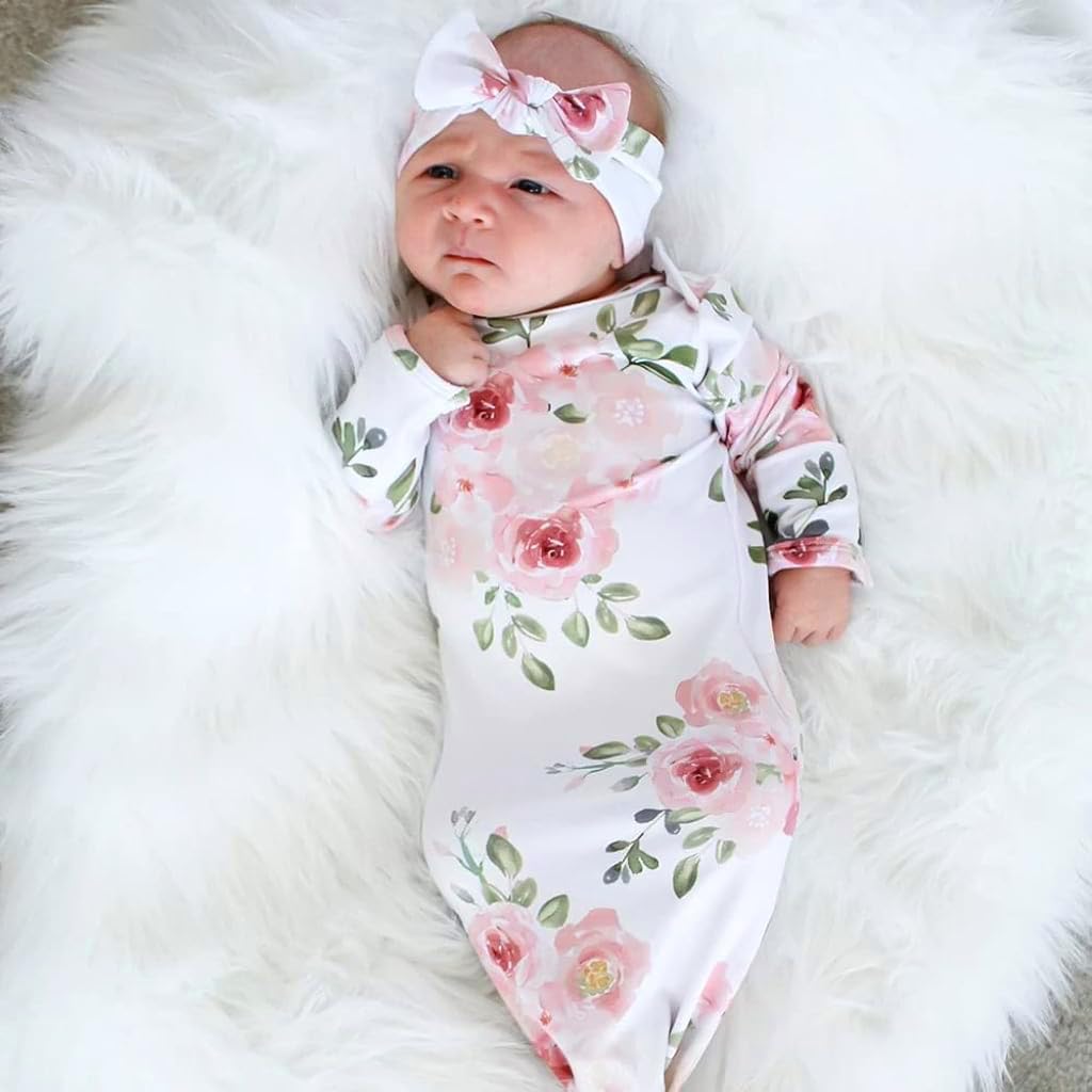 SNOWIE SOFT Swaddle for New Born Baby with Knotted Nightgown and Floral Headband Set | 0–3 Months