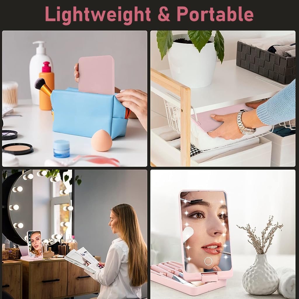 MAYCREATE® Vanity Mirror with Light, 2 in 1 Rotatable Personal Beauty Mirror with 5 Makeup Brushes, LED Lights Dimmable Touch Screen Travel Lighted Mirror for Women and Girls