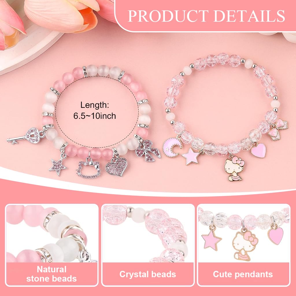 SANNIDHI Bracelets for Women featuring 2 Piece Kitty Beaded Resin Design in Pink and White | Cute BFF Gift for Girls