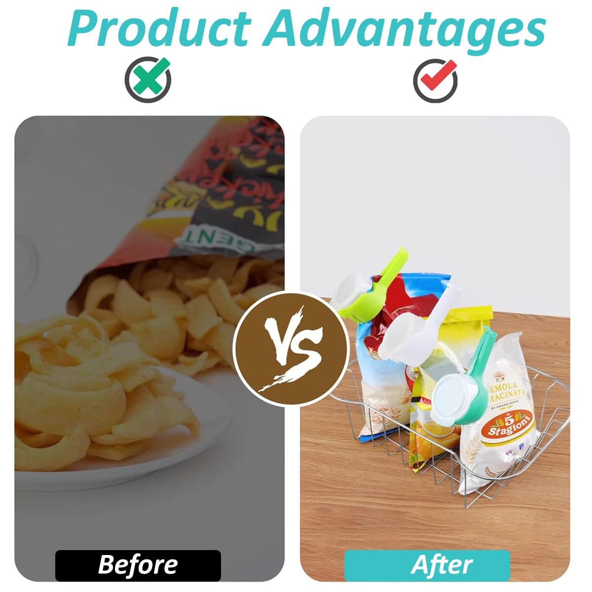 HASTHIP Bag Clips for Food with 2-in-1 Sealing Lid 4Pcs PP Clips for Snack and Kitchen Storage