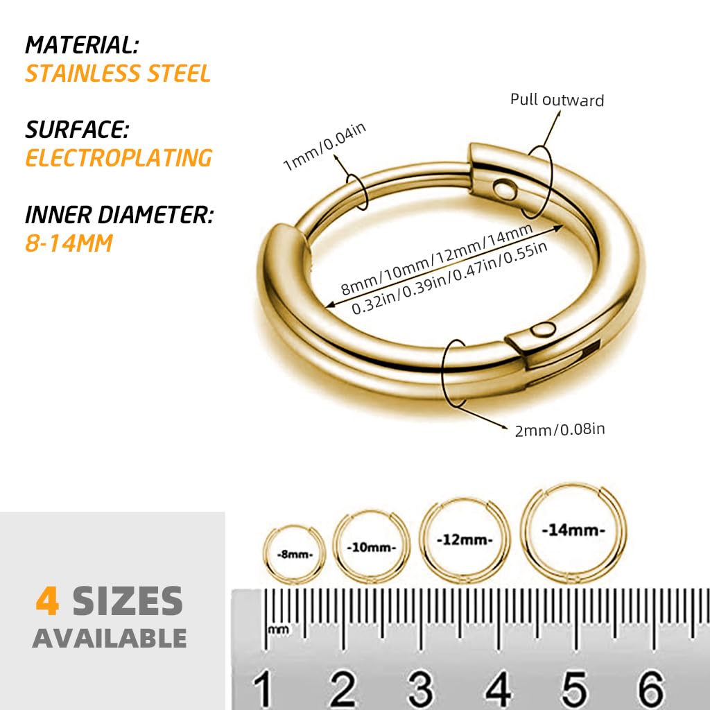 SANNIDHI Hoop Earrings for Women and Men with 4 Pairs 8mm–14mm Gold Stainless Steel | Minimalist Style