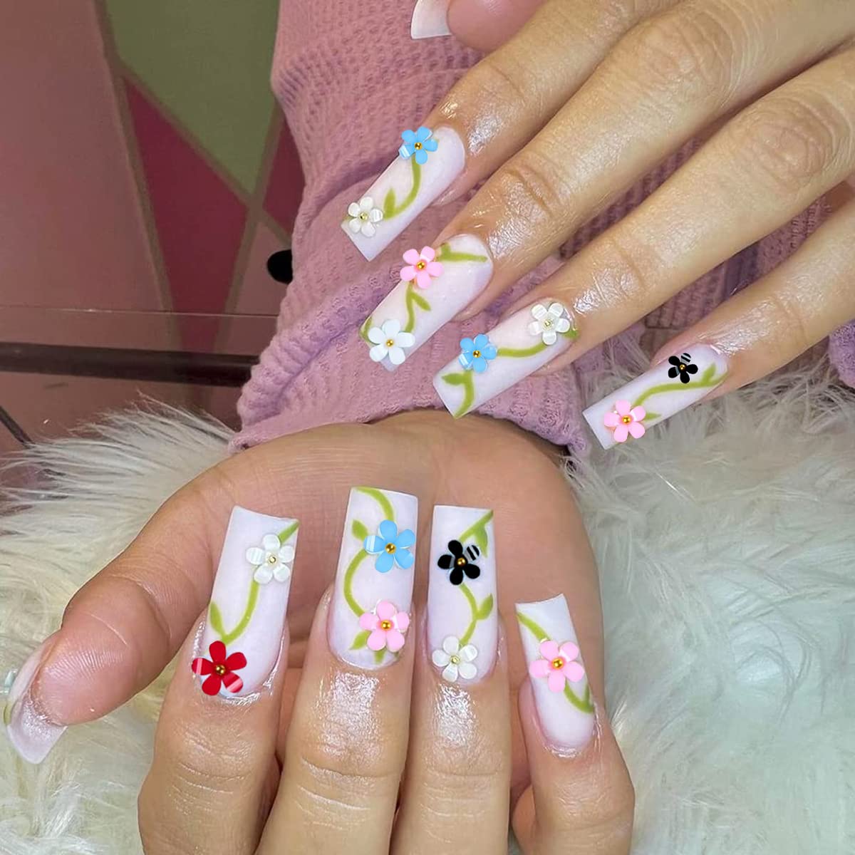 HASTHIP Resin 3D Flower Nail Art Decals Kit with Golden Beads for DIY Nails | 6 Colors