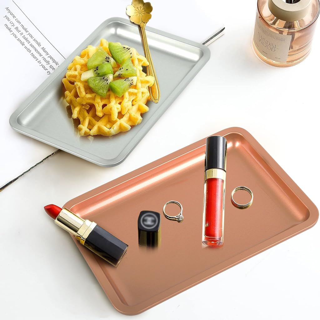HASTHIP Stainless Steel Jewelry Organizer Trays for Dressers with Dual Colors 12.5x17.9cm | Silver and Rose Gold Rectangular Storage for Vanity or Kitchen