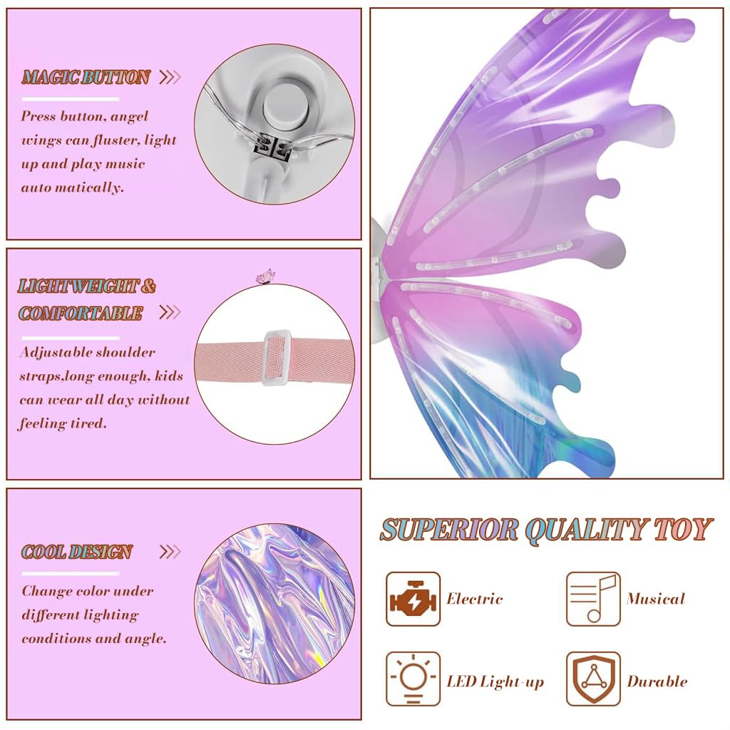 PATPAT Electric Butterfly Wings for Girls with LED Lights and Music featuring 21.5x35.8 in Organza | Ideal for Halloween and Birthday Parties
