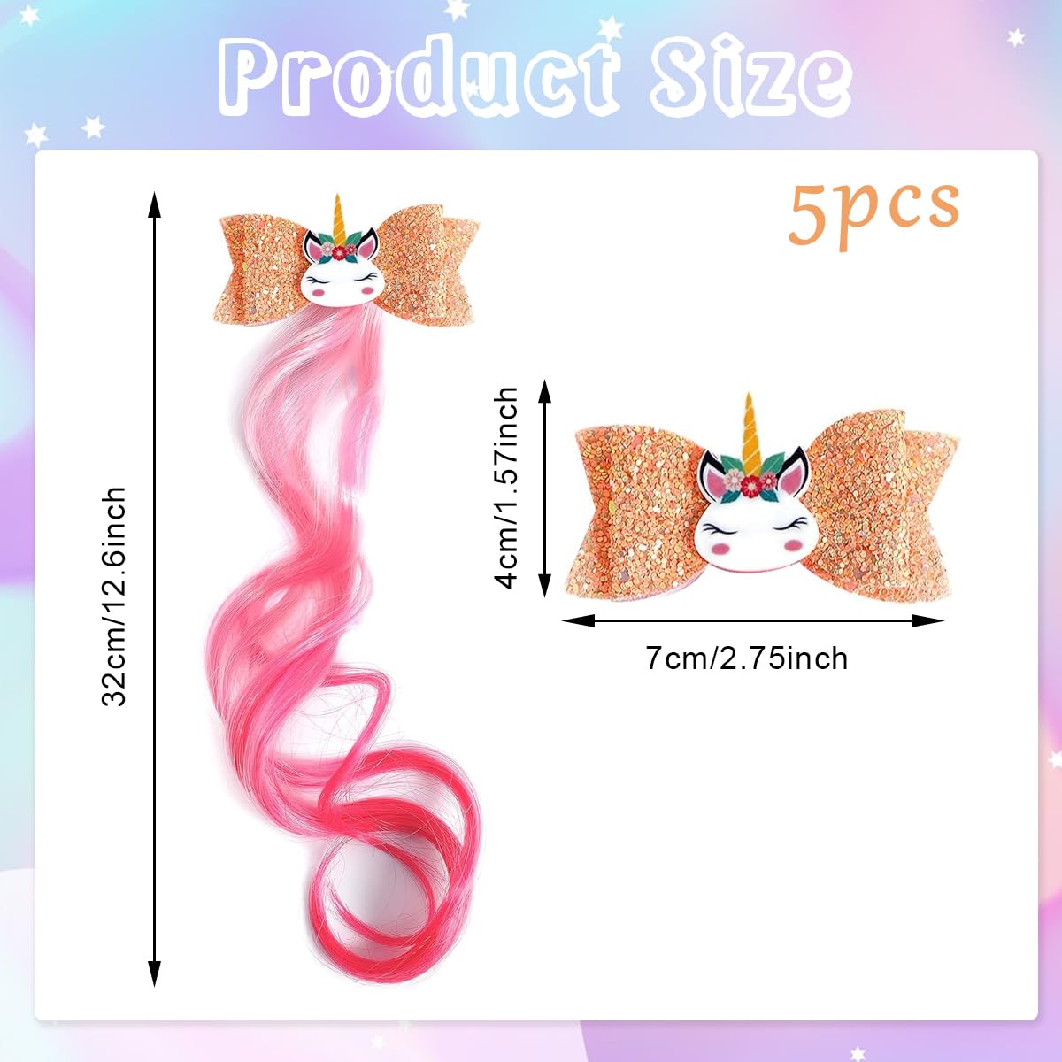 PALAY® 5Pcs Girl Hair Clip Unicorn Bow Hair Clip Girls Clip-in Color Hair Extension for Ponytail Braid Curl Hair Accessories Unicorn Bow Hair Clip Hair Extensions for Girls