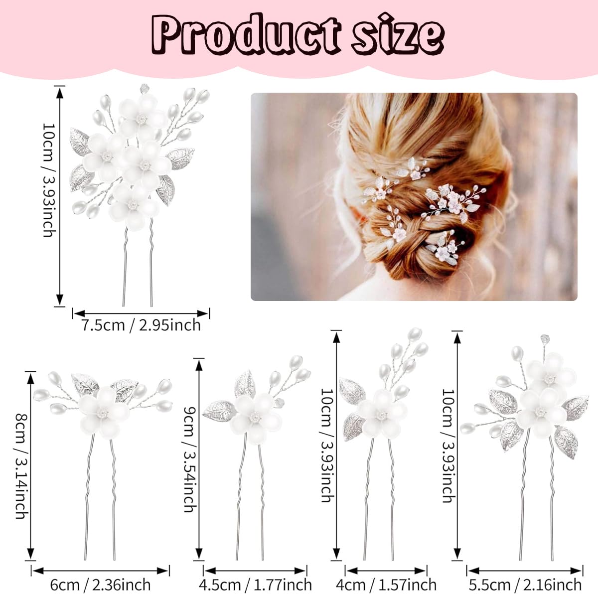 SANNIDHI 5pcs Wedding Hair Pins for Women Stylish Flower Bride Hair Accessories, Faux Pearl Bride Hair Bun Accessories for Women, Silver Leaf Bridal Hair Pins for Women Girls Bridesmaids