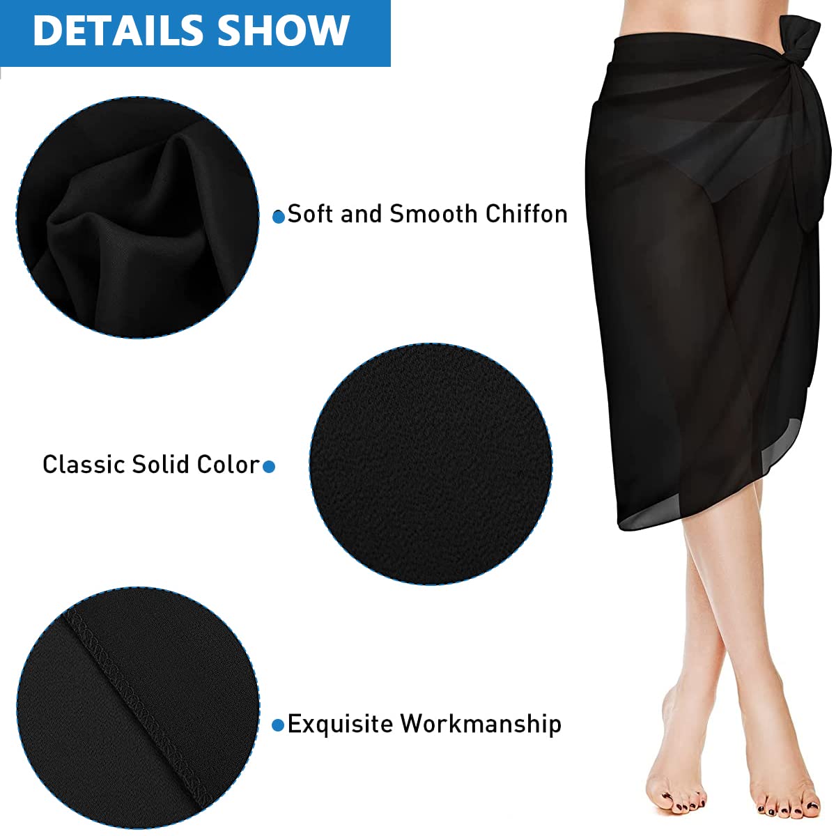 Venzina® Sheer Sarong Beach Coverups, Long Chiffon Swimsuit Coverup Sarongs for Women Beach Wear Bikini Wrap Coverup - Black, 57in