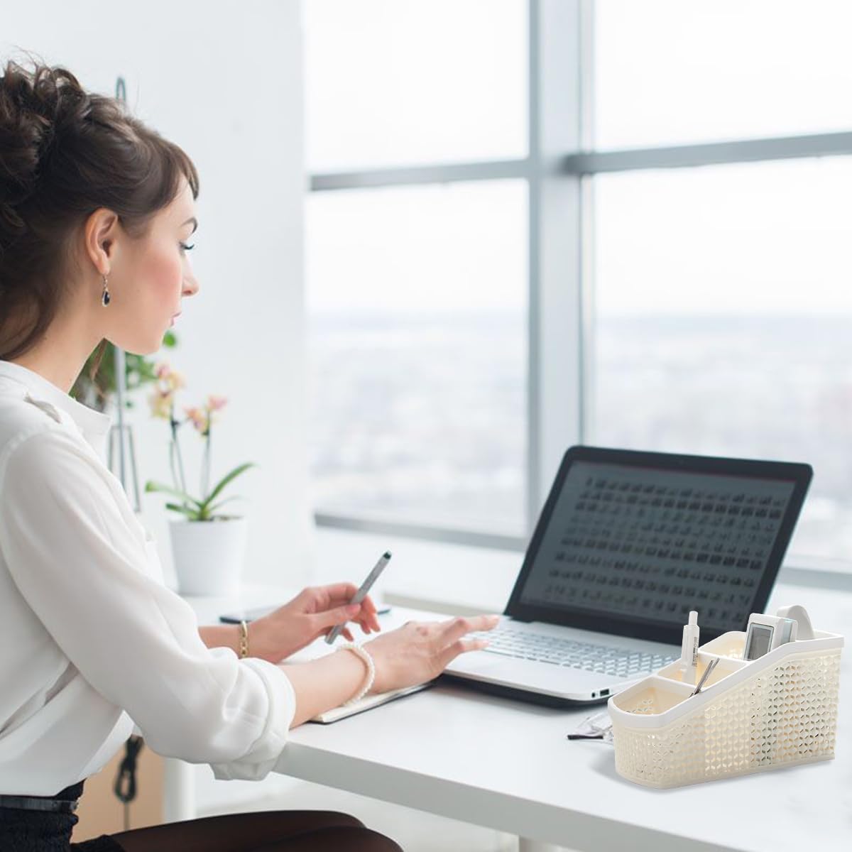 HASTHIP Remote Stand for Home with 4 Compartments and Hollow Woven Design 9.5x21x11cm | Plastic Organizer for Office and Vanity