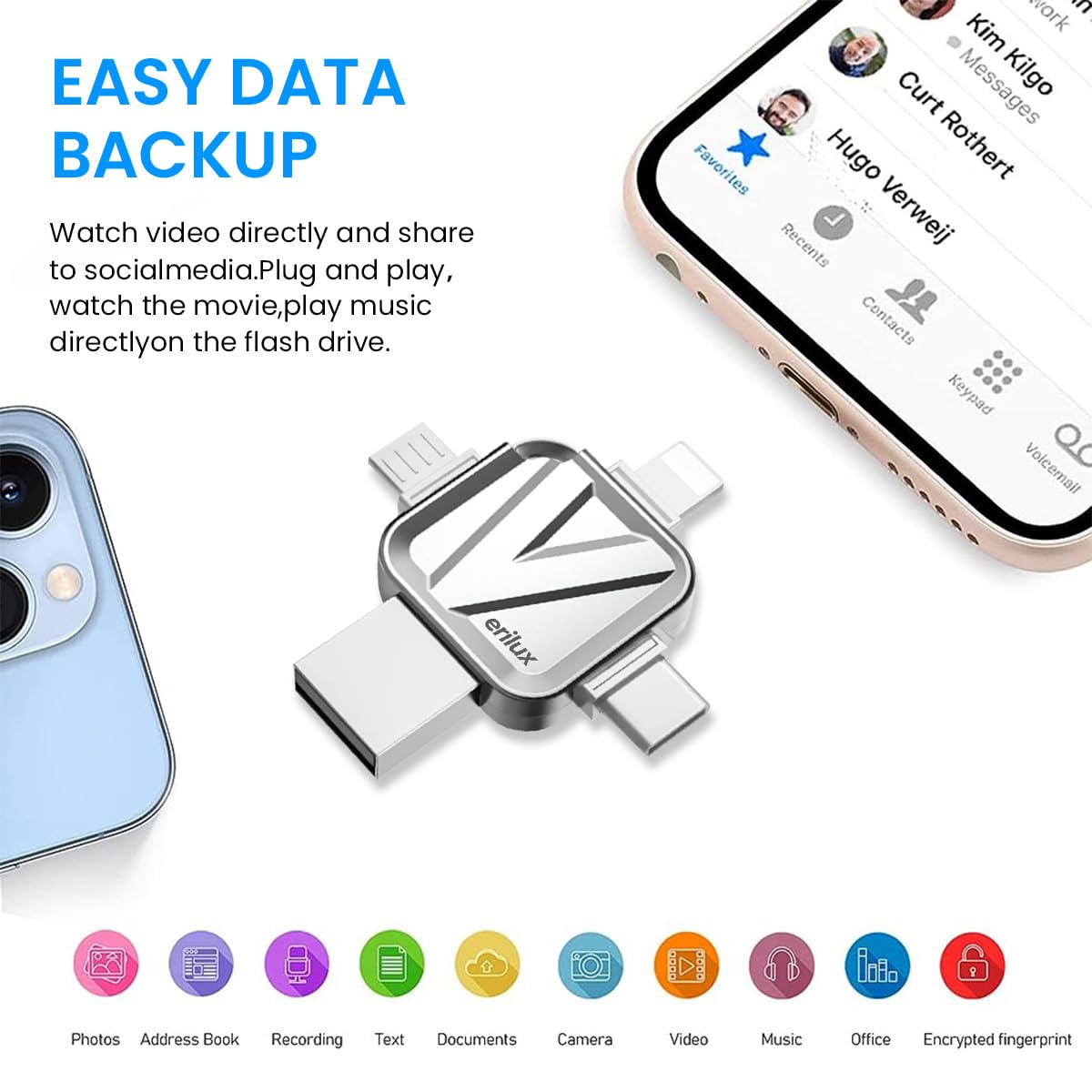 Verilux Pendrive 256GB for iPhone & Android with 4 in 1 USB3.0 Type C Design | Metal Body