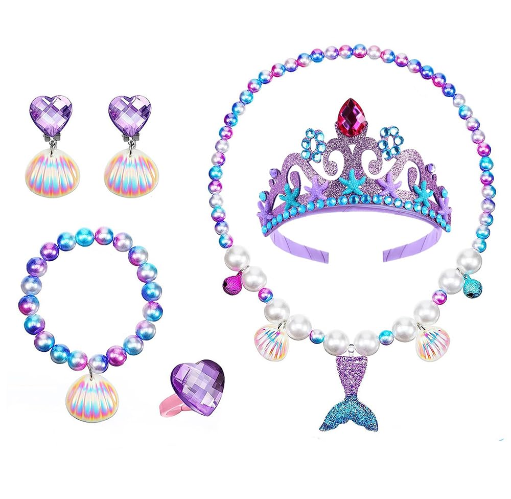 Venzina® Kids Jewellery Set for Girls, Mermaid Princess Crown, Necklace, Bracelet, Earrings and Ring Set, Mermaid Theme Party Dress up Jewelry Gift for Girls 4-12 Years Old