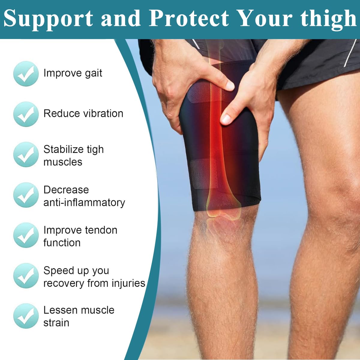 HANNEA Adjustable Thigh Brace Support for Sports Recovery with 64x18cm Fit | Breathable Neoprene Wrap