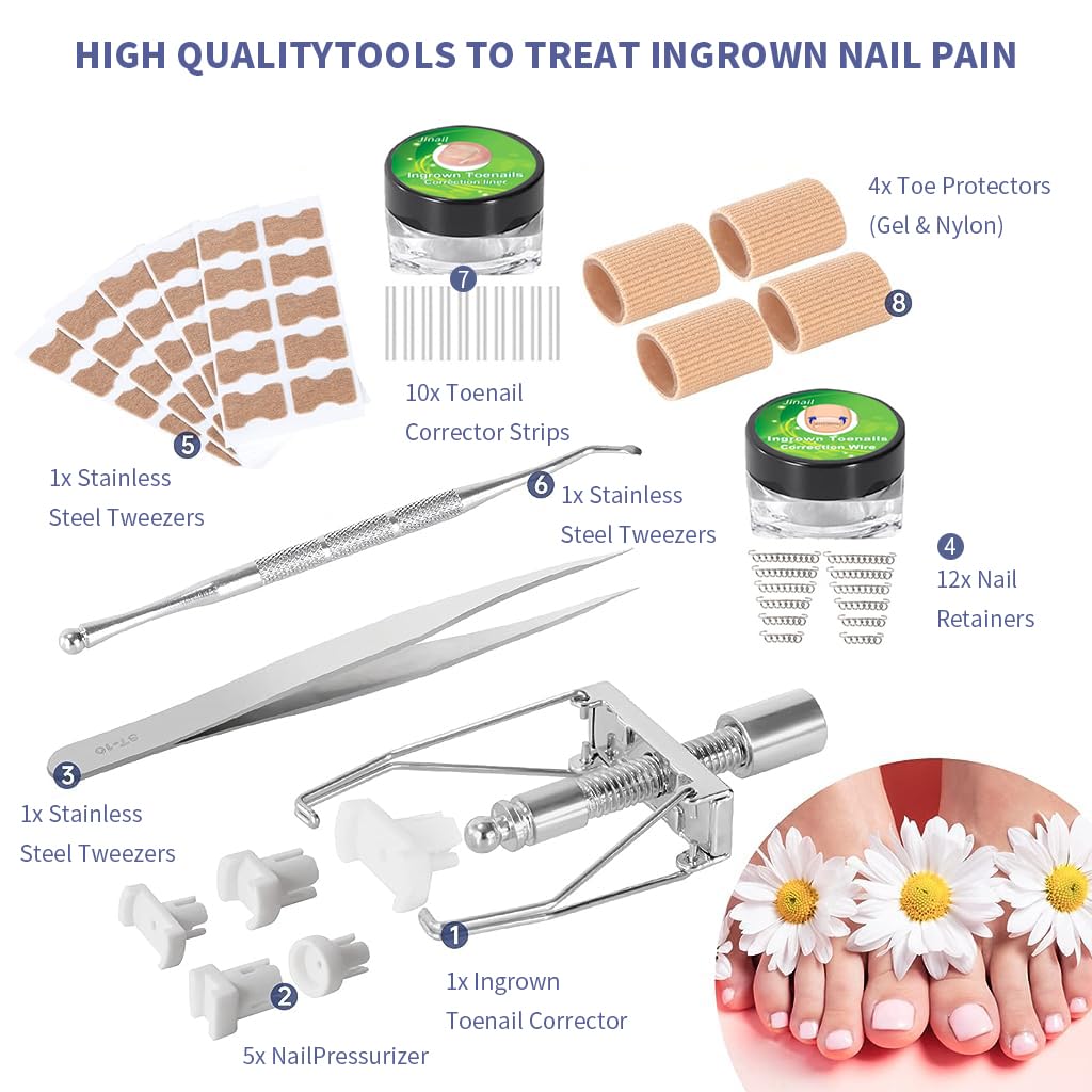 HANNEA Ingrown Toenail Treatment Kit for Home Relief with 50pcs Brace Stickers and Stainless Steel Tools