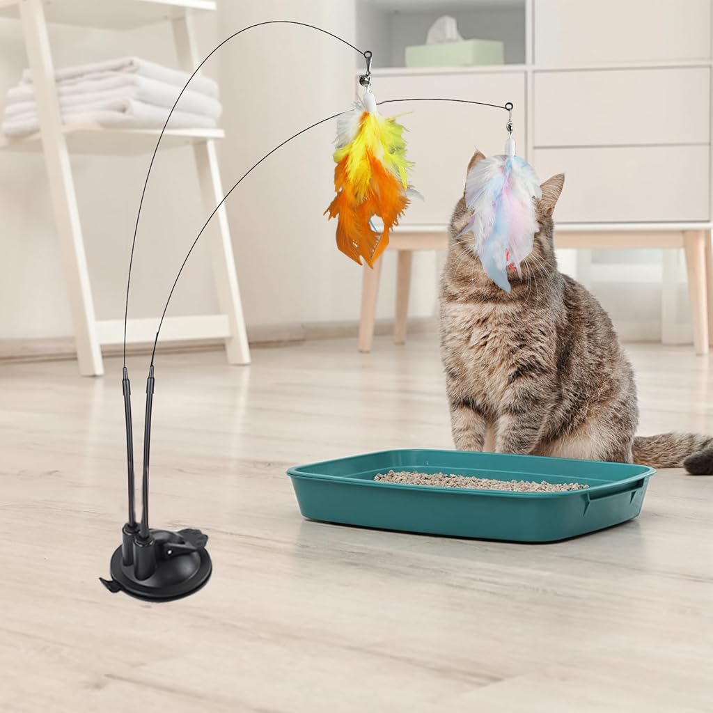 Qpets Cat Feather Toy for Interactive Play with Dual Wire Wand and Stable Suction Cup Base 3 PCS