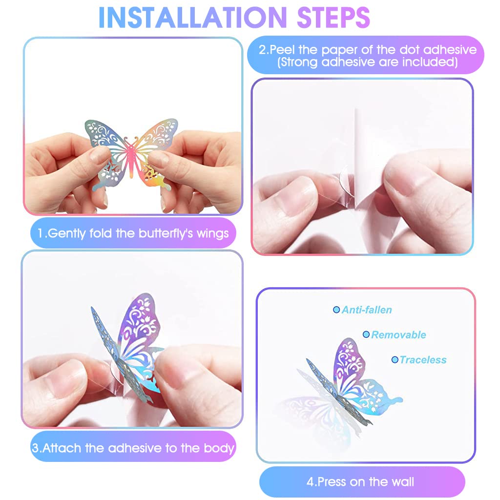 HASTHIP 3D Butterfly Wall Stickers for Home Decor with 60pcs Hollow Wings Rainbow Design