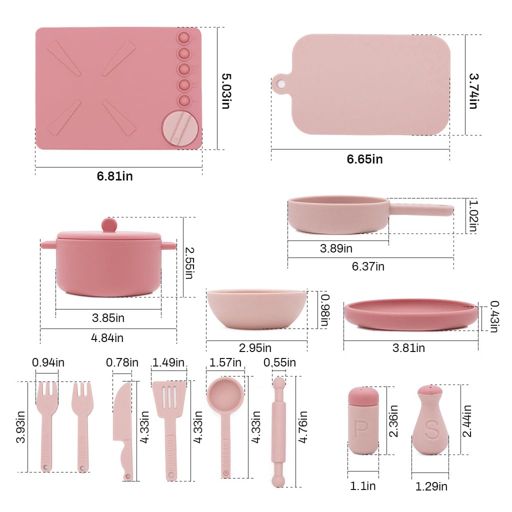 PATPAT Silicone Pretend Play Toy Set for Kids with 16Pcs Real Use Tableware | Pink Kitchen Set for Girls