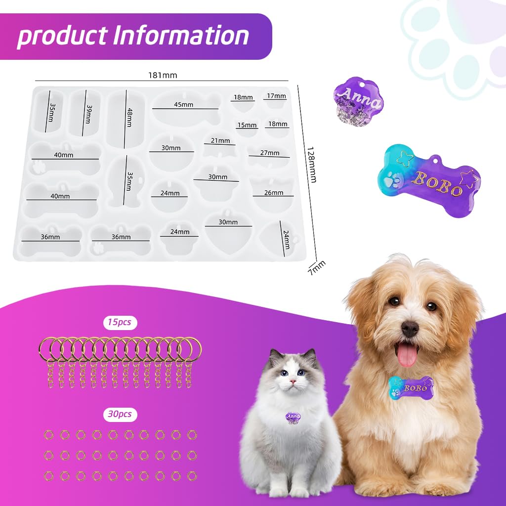 HASTHIP Pet Tag Resin Molds for DIY Dog and Cat Name Tags with Pre-Cut Hole Design | Flexible Silicone Keychain Casting Kit