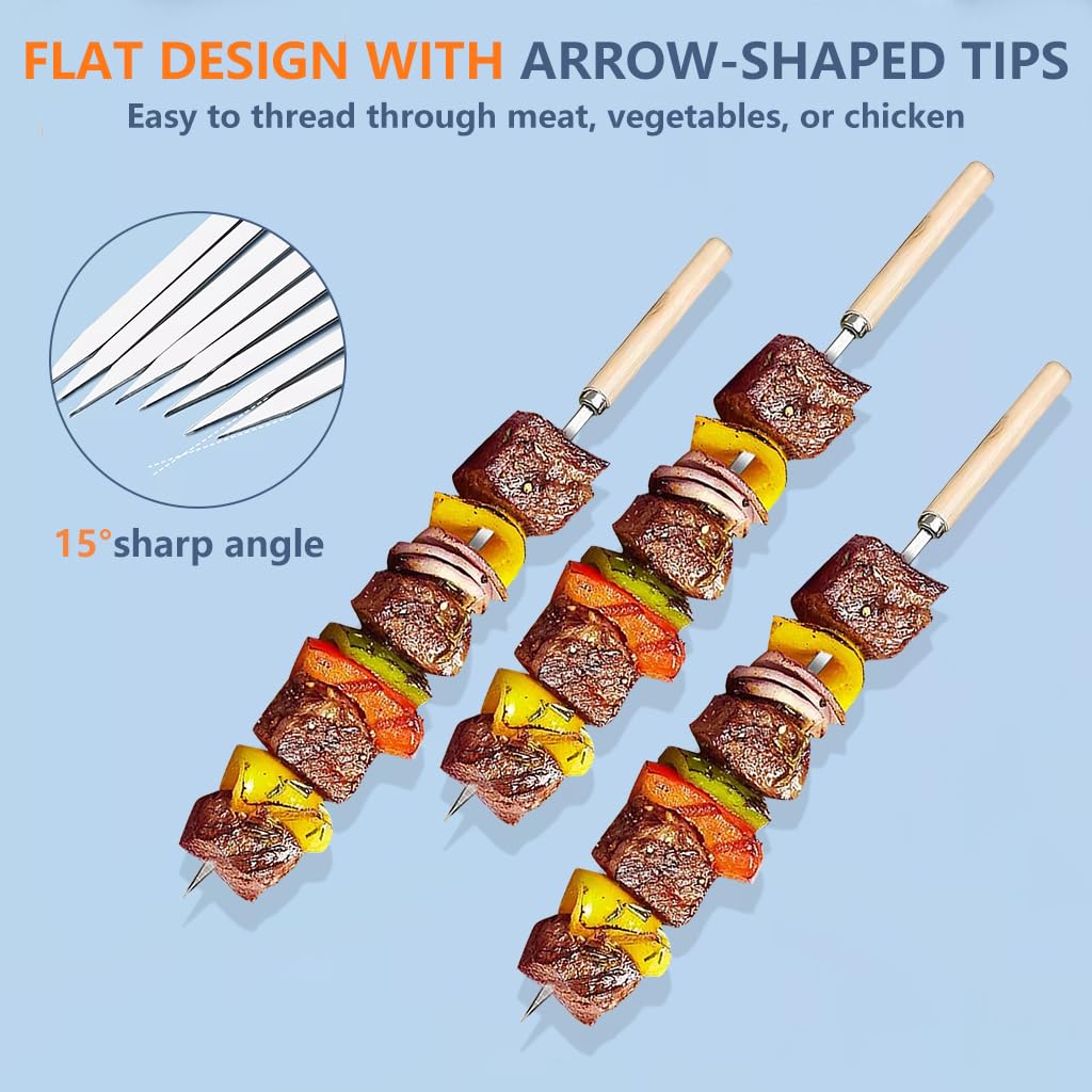 HASTHIP BBQ Skewers 25 pcs for Grilling with 12.9 in Flat Arrow Tips and 9 cm Wooden Handles | Stainless Steel Set with Storage Tube