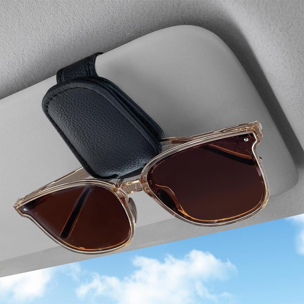 STHIRA Car Sunglasses Holder for Sun Visor with Magnetic Closure in Black PU Leather