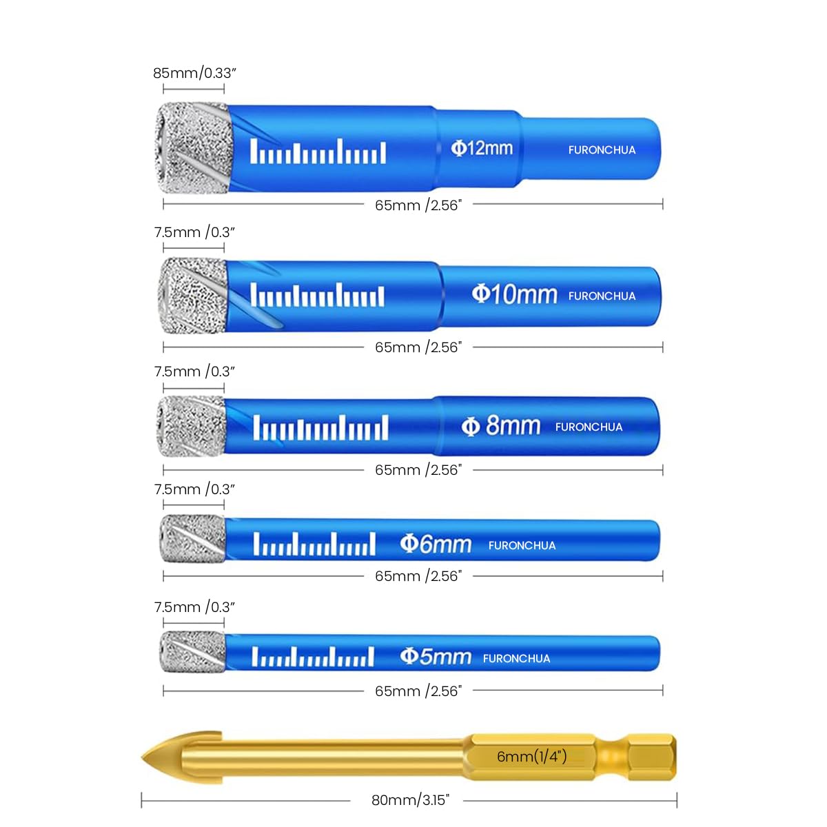 Serplex® 6PCS Dry Diamond Drill Bits Set Dry Diamond Core Drill Bits Set for Porcelain Tile, Ceramic Drill Bits for Glass Hard Materials, Ceramic, Tile, Quartz Stone, Round Shank 5-12mm (Not for Wood)