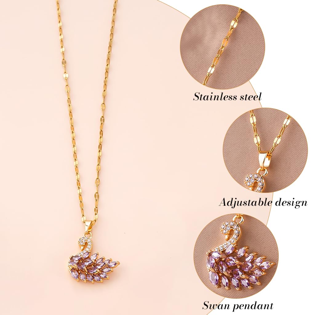 ZIBUYU Sparkling Swan Necklace for Women with Purple Zircon and 15.7+1.9 in Chain | Golden Stainless Steel Jewelry Gift