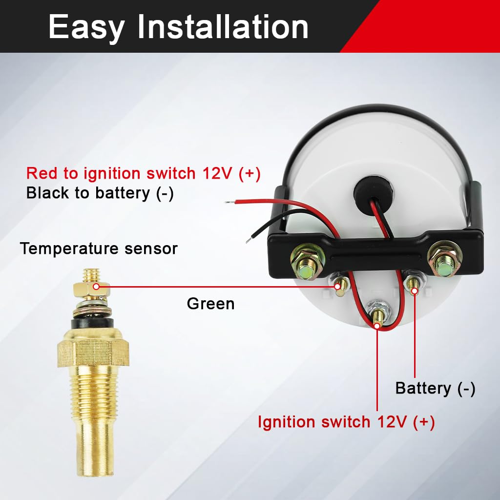 STHIRA Water Temp Gauge for Cars with Probe Sensor and Mechanical LED Dial | 2in 40–120°C Range