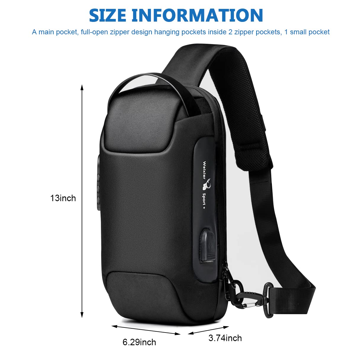 GUSTAVE® Cross Body Bags for Men with Password Lock and USB Charging Port, Anti Theft Waterproof Crossbody Backpack Adjustable Strap Shoulder Men's Chest Bag for Travel Outdoor Activities Cycling