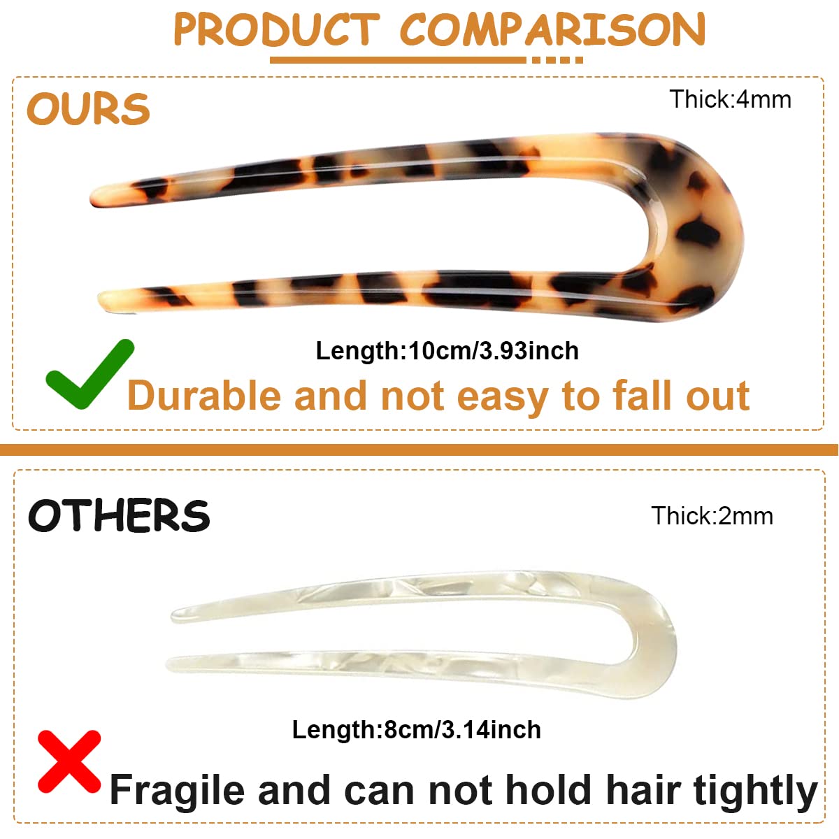 MAYCREATE Hairpin for Secure Hair Buns with 10 cm U Shaped Design and Amber Texture | 2 Pcs Set