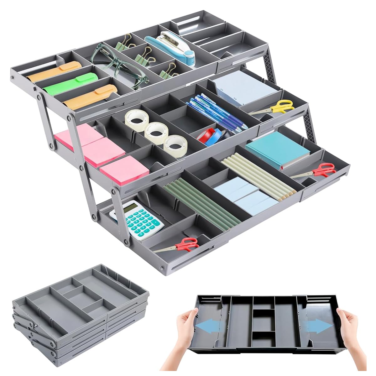 HASTHIP Desk Organizer Case for Home and Office with 3 Tier Stackable Compartments | ABS Storage Box