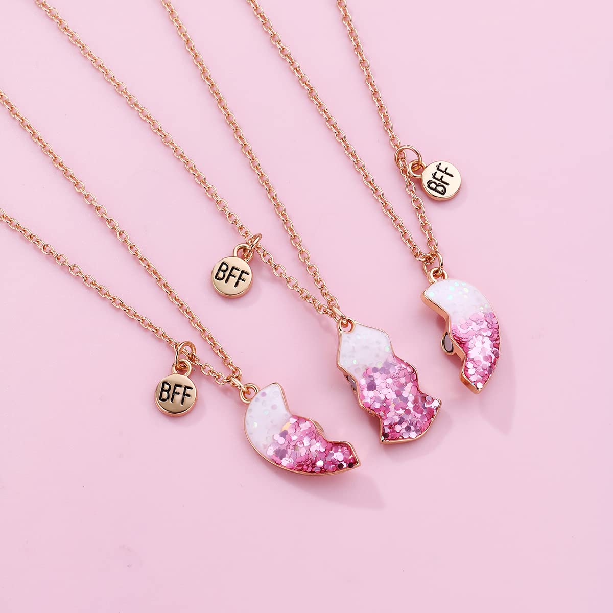 HASTHIP Best Friend Necklace for Girls featuring Trio Heart Pendants with Pink Sequin Design