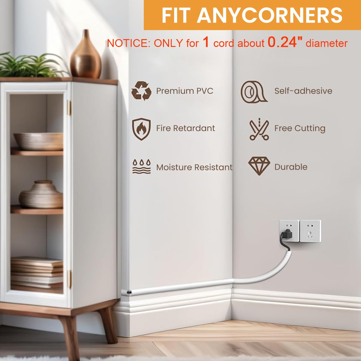 Serplex PVC Cord Cover 6.6ft for Floor and Wall Cable Management with Side Open Design White