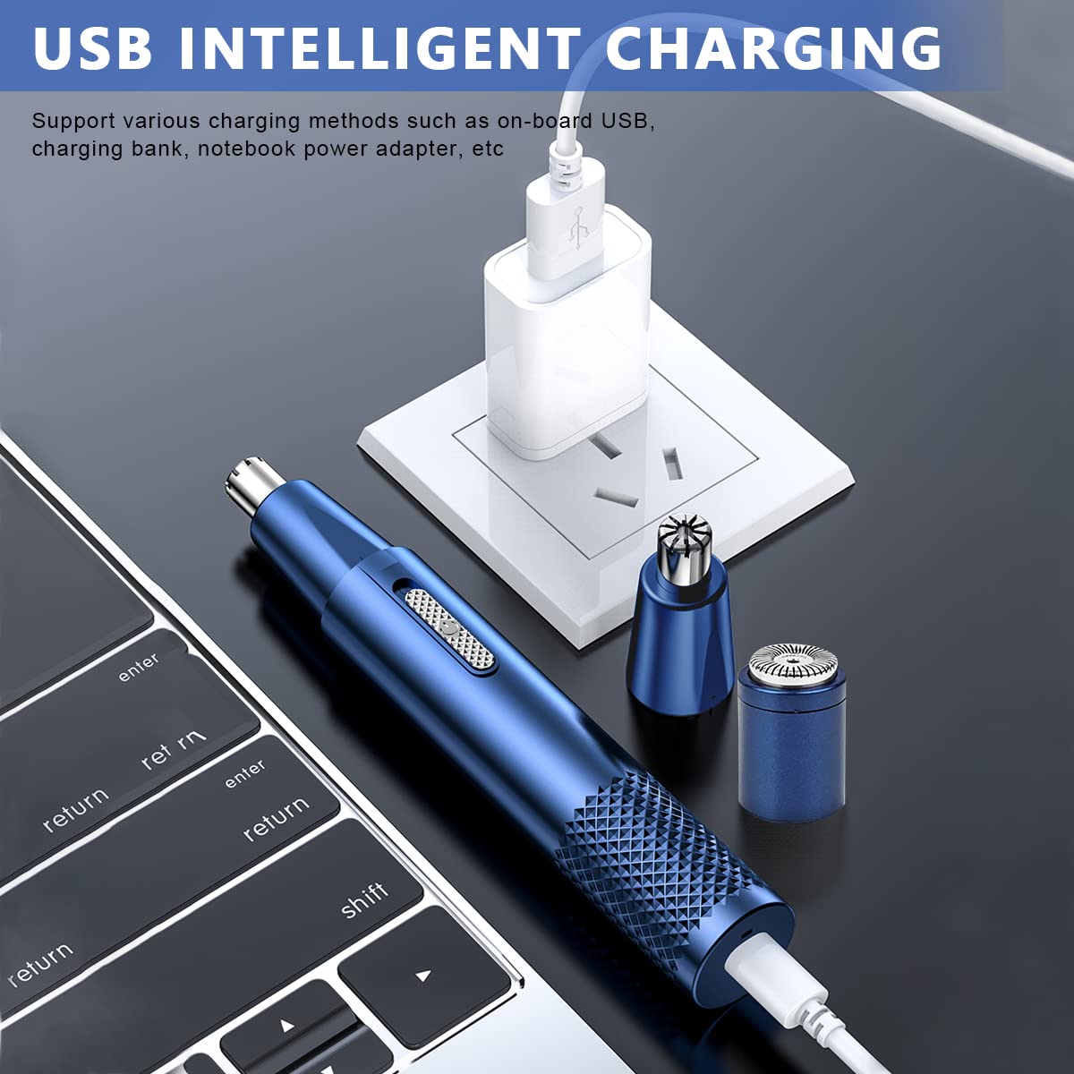 MAYCREATE Nose Hair Trimmer with 6000 RPM Motor and Dual Hole Vortex Cleaning | Blue IPX5 Grooming Kit