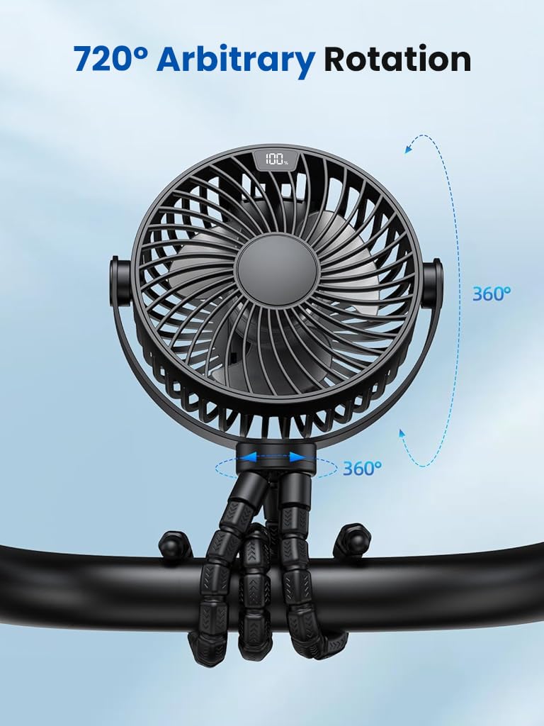 Verilux USB Stroller Fan with 5000mAh Battery and Flexible 3 Claws for Crib or Desk | Quiet Cordless Cooling