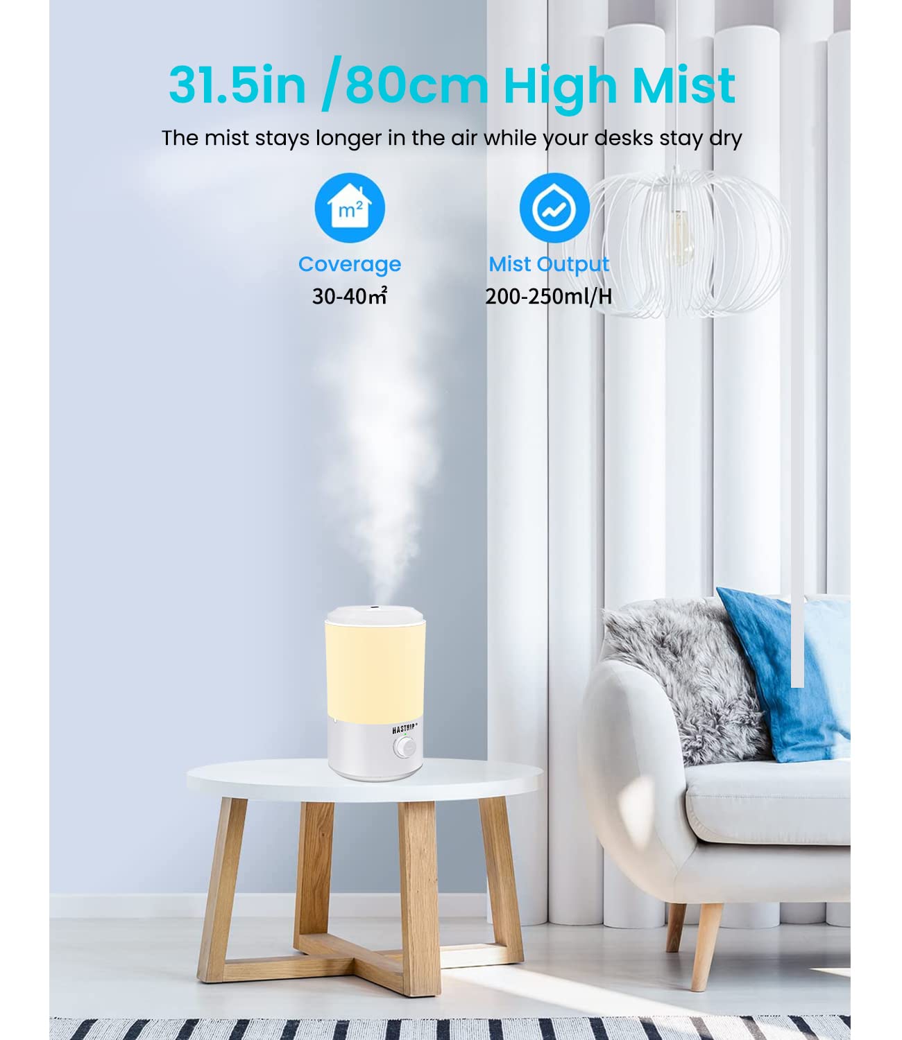 HASTHIP Humidifier for Room with 3.2L Tank and 360° Rotatable Nozzle | Silent Ultrasonic Cool Mist