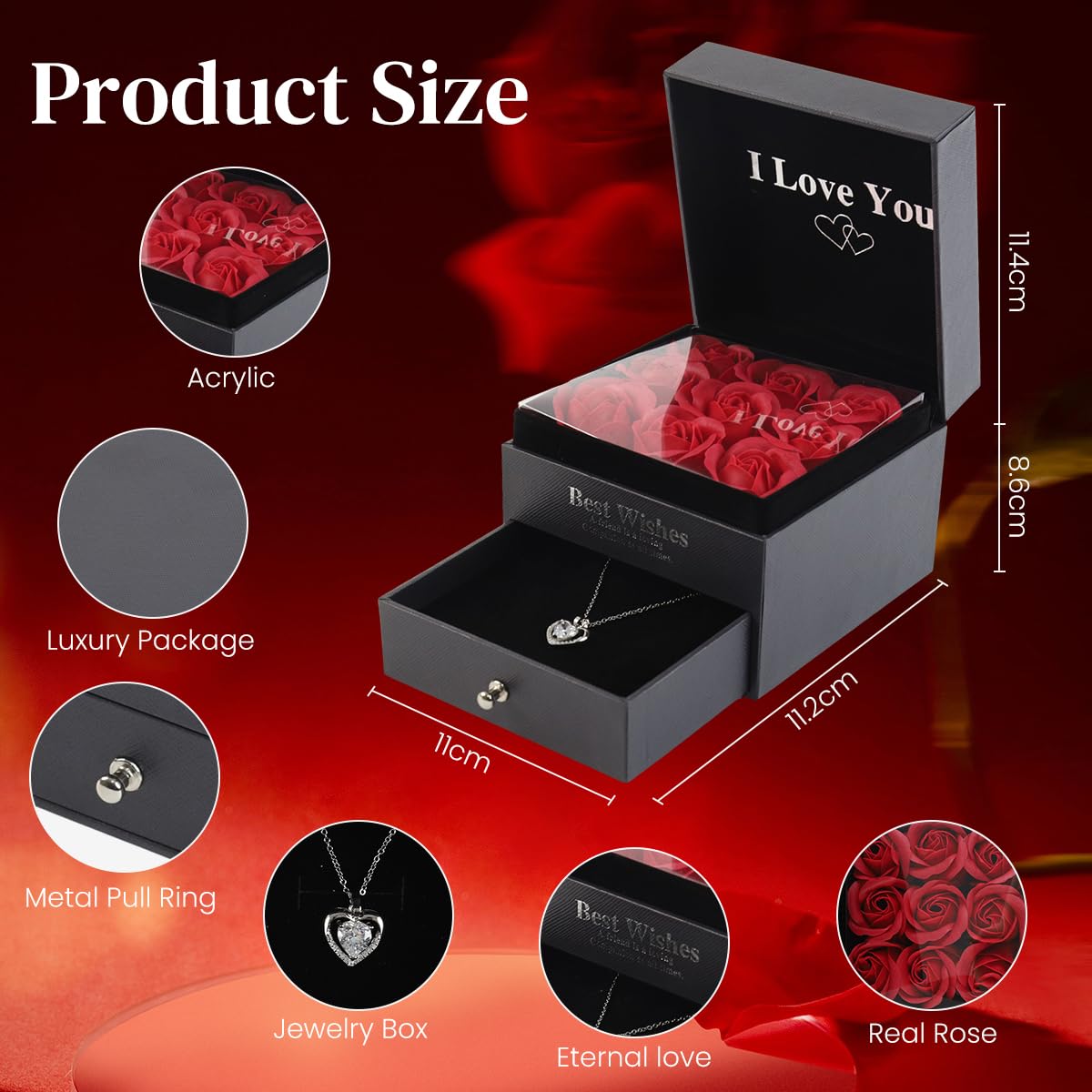 HASTHIP® Gifts For Girlfriend, Wife, 9-Piece Preserved Red Rose with I Love You Necklace Eternal Flowers Rose for Mom Wife Girlfriend on Mothers Day Valentines Birthday Anniversary Romantic Gifts