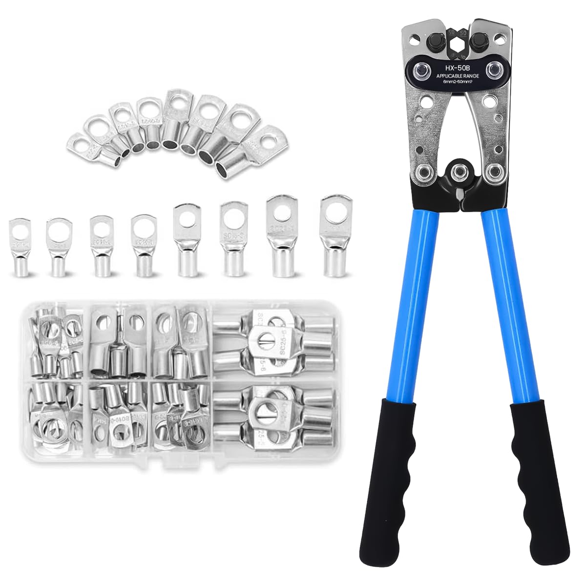 HASTHIP® Battery Cable Lug Crimping Tool for AWG 10-1 Copper Wire Lugs with 60 Pcs 8 Sizes Copper Ring Kit, Heavy Duty Wire Crimper Plier Wire Crimper for Battery Wire Terminal