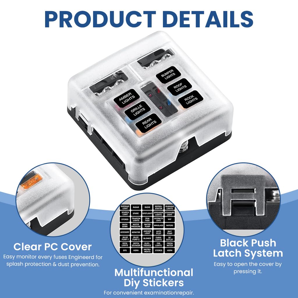STHIRA Automotive Fuse Block Panel Kit for 12V 24V Systems with LED Indicators & Bus Bars