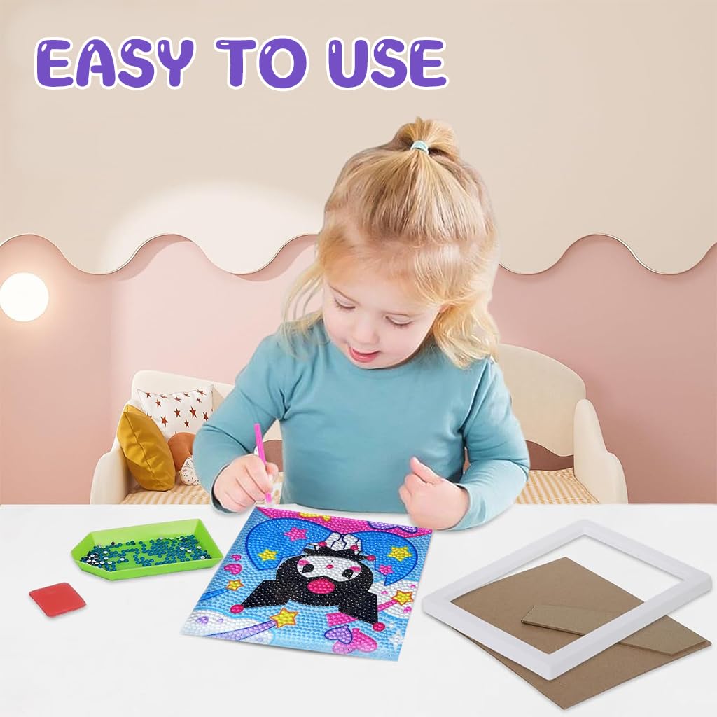 PATPAT DIY Diamond Painting Art Kit for Kids 6.7 inches Cute Kuromi Diamond Painting Art with Wooden Frame DIY Diamond Painting Art Desk Decoration Art Craft Gift for Kids
