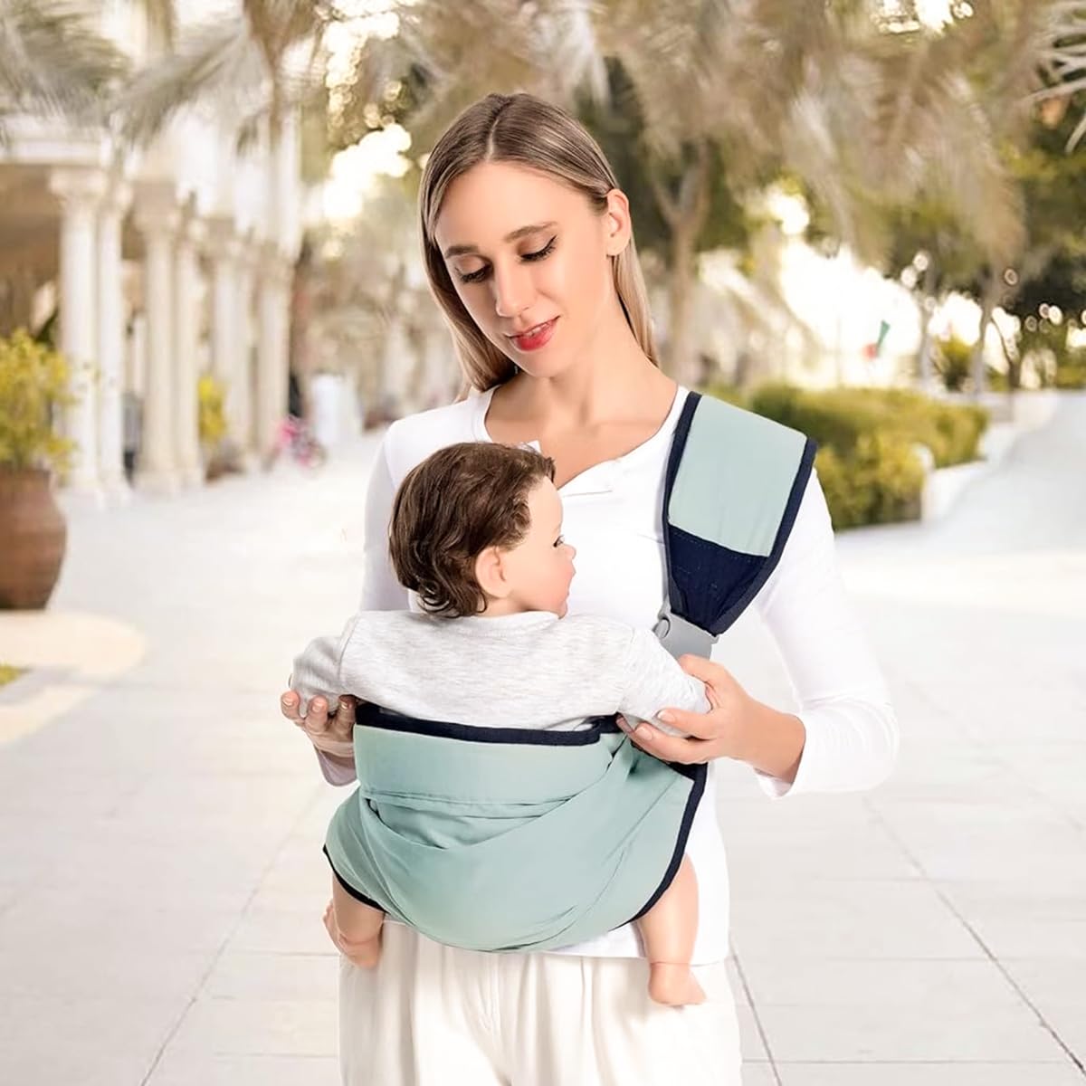 SNOWIE SOFT Baby Carrier Bag for 0 to 3 Year Use with Adjustable Straps 45lb Capacity | Breathable Cotton Green Sling