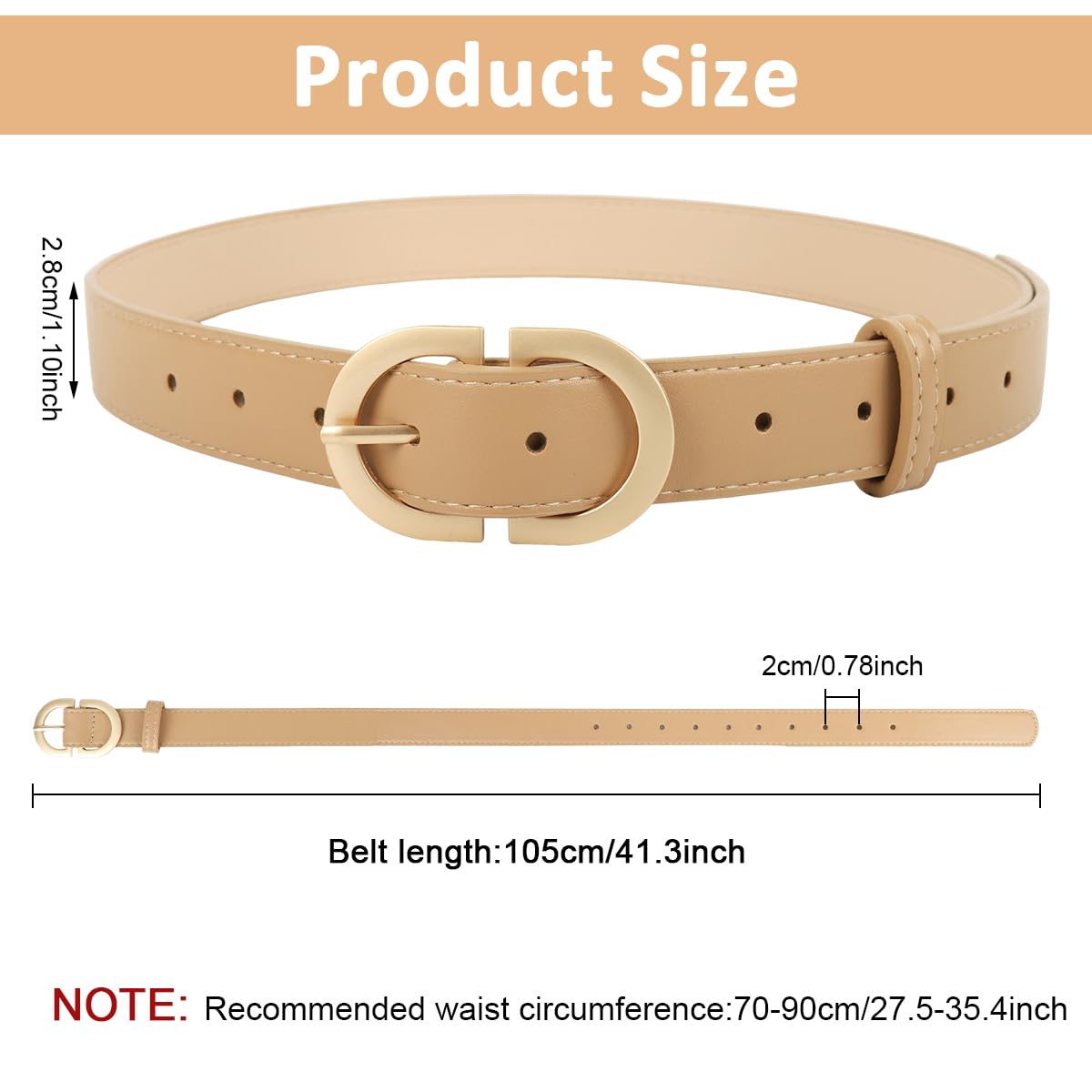 SANNIDHI Ladies Belt for Jeans and Dresses featuring Tuck and Pin Closure with Gold Buckle | 105cm Khaki PU Leather Slim Fit