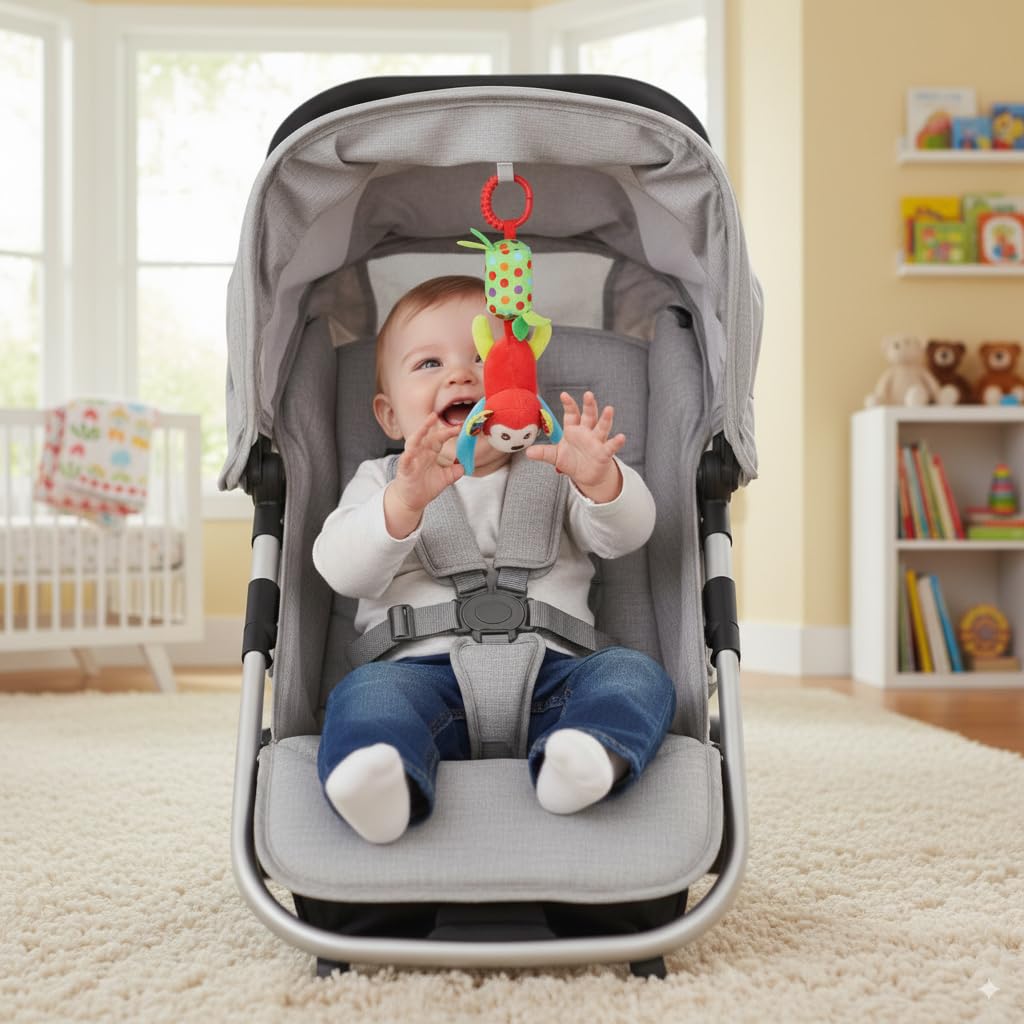 SNOWIE SOFT Baby Toys for Stroller and Crib with Plush Monkey Rattle | Newborn Gift