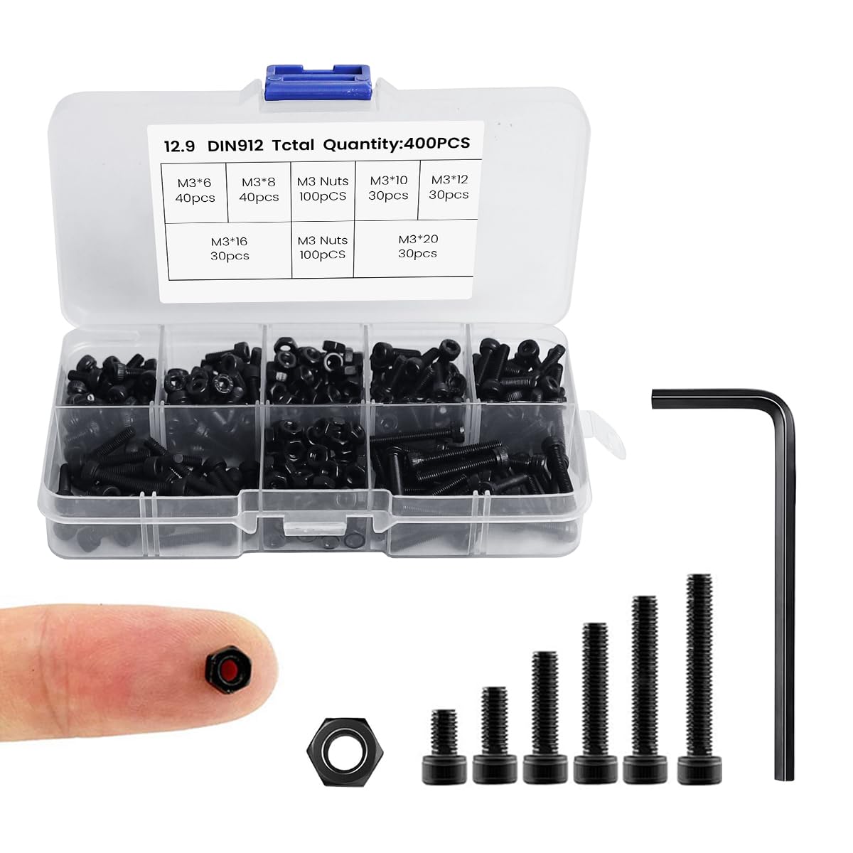 Serplex® 1290Pcs Screws Nuts and Washers Set Assorted Sized M3 Screws Nuts Alloy Steel Zinc Palted Screws Nuts Set with 3 Sizes Hex Wrenchs Metric Bolts and Nuts Kit