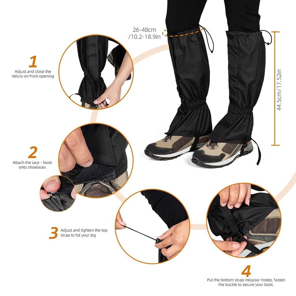 GUSTAVE Gaiters for Hiking and Climbing featuring Secure Fasten Belt and Waterproof Polyester | Adjustable Knee Length Protection for Adults