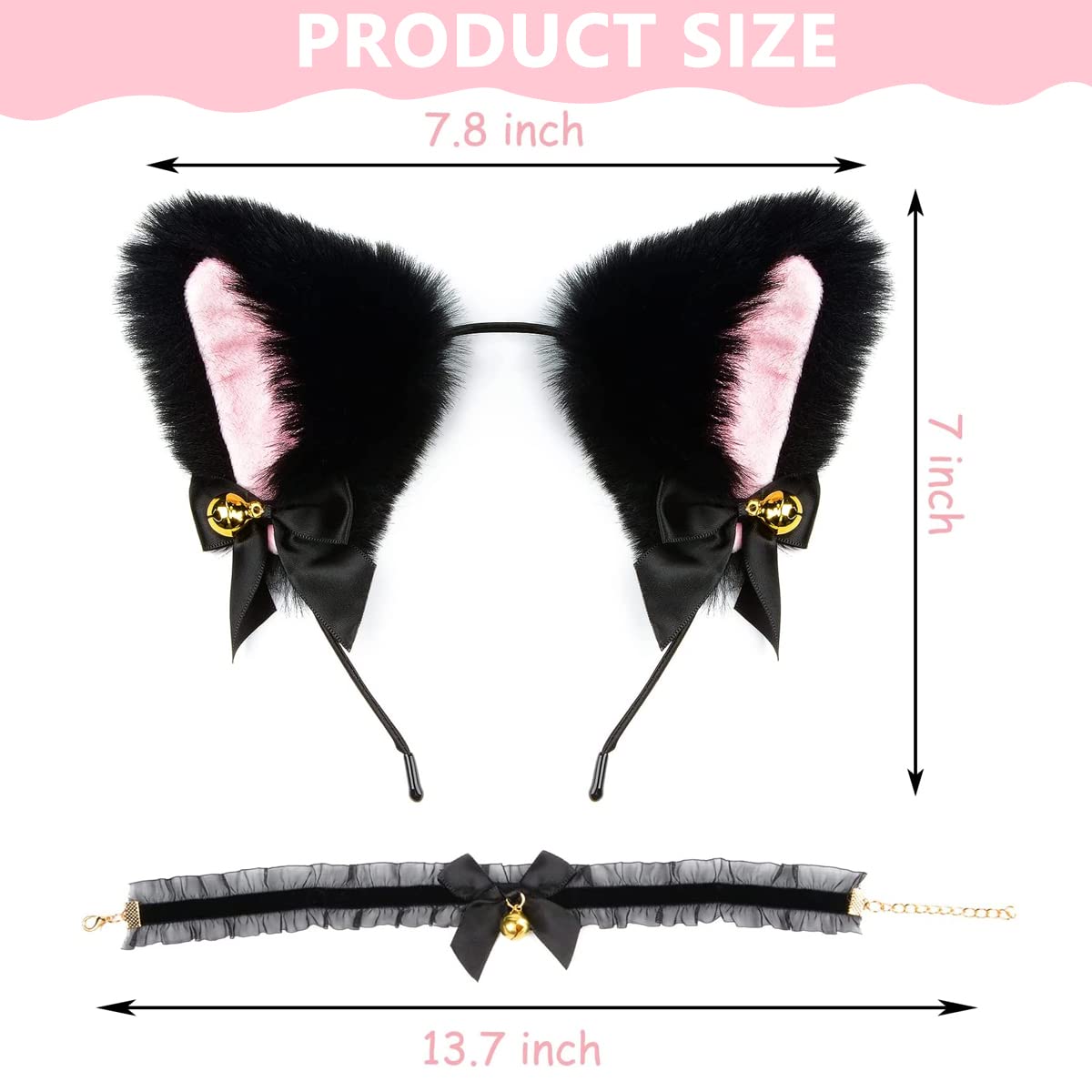 Venzina Cat Ears Headband Set for Halloween and Cosplay with Lace Choker & Fur Tail | Cute Gift for Women and Girls