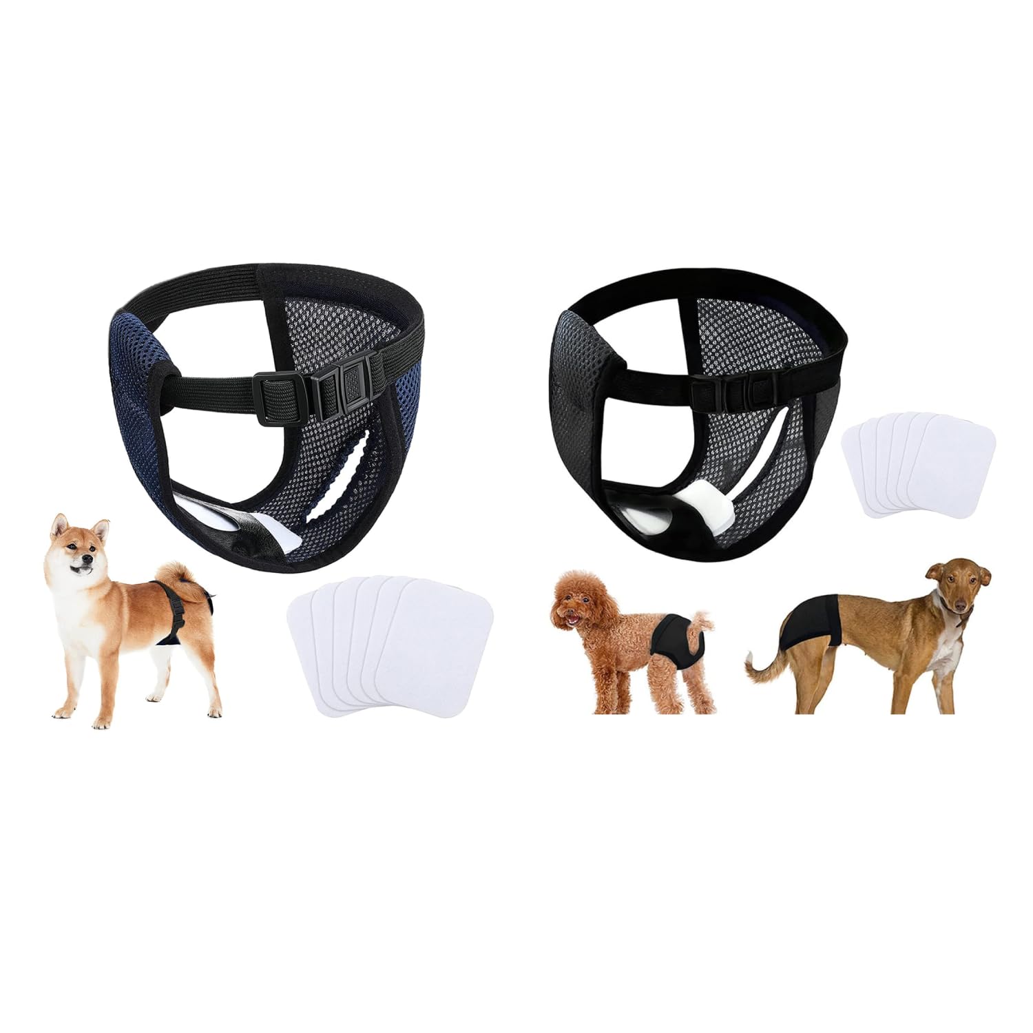 Qpets Dog Diapers for Female Dogs with 9 Absorbent Cotton Pads and Elastic Waist | Washable Mesh Fabric Comfort Fit 15.7–19.2 in