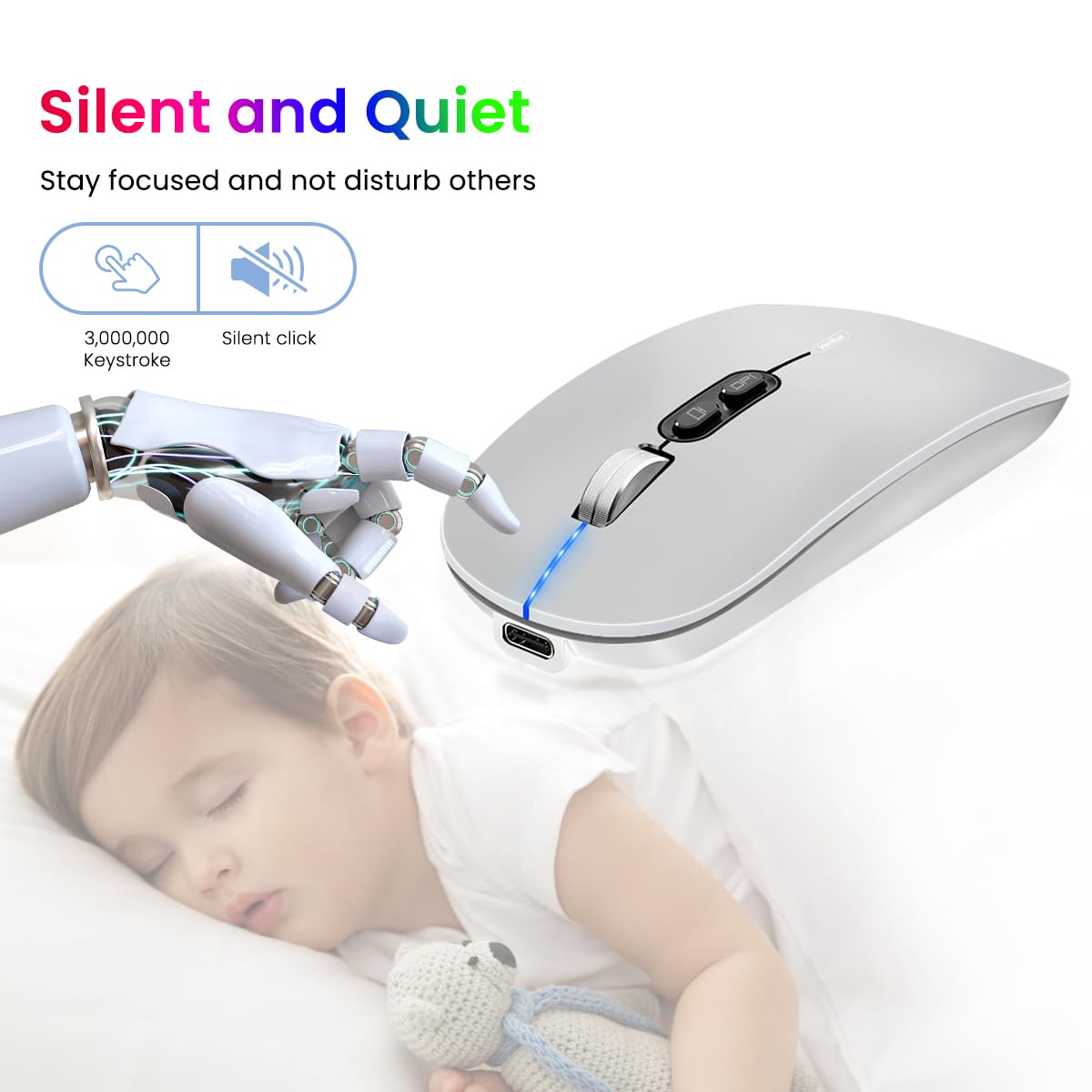 Verilux Wireless Mouse for Laptop with Rechargeable Battery and 3 Connection Modes | Silver 2PCS