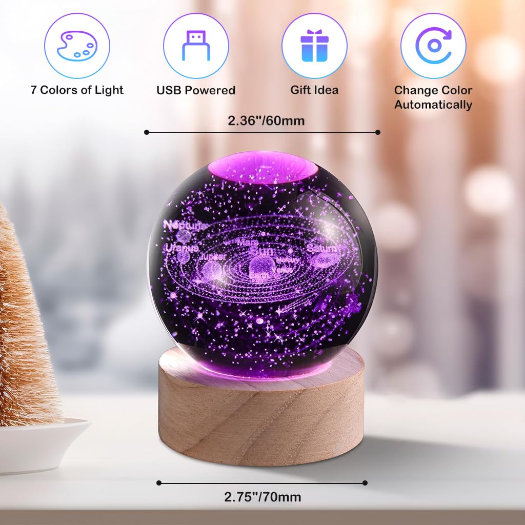 ELEPHANTBOAT 3D Solar System Crystal Ball Night Light with 7 Color LED and Wooden Base for Bedroom Decor | Unique Astronomy Gift